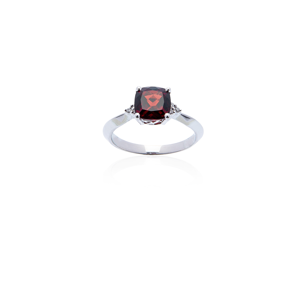 Sabel Collection 14K White Gold Cushion Garnet and Round Diamond Ring